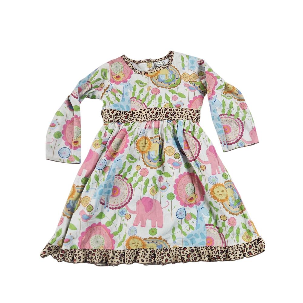 Ann Loren girls dress sz 6 long sleeve zoo animal floral‎ print leopard cotton